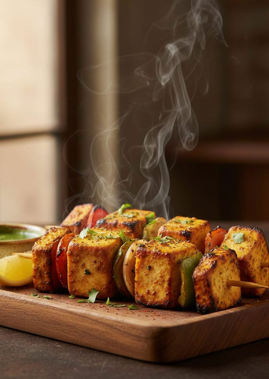 Tandoori-style grilled food on a platter